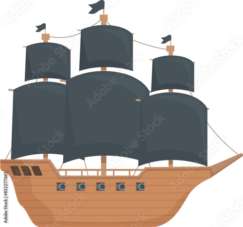 Detailed vintage pirate ship illustration in flat design style for children's book clipart and cartoon vector artwork with a theme of seafaring adventure and treasure hunt on the high seas