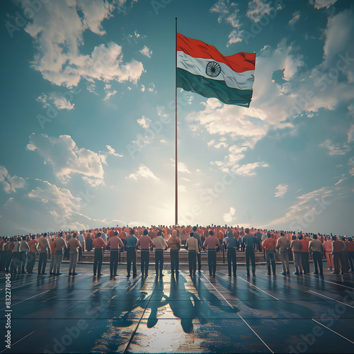India independence day greetings background with flag of India with Indian crowd photo
