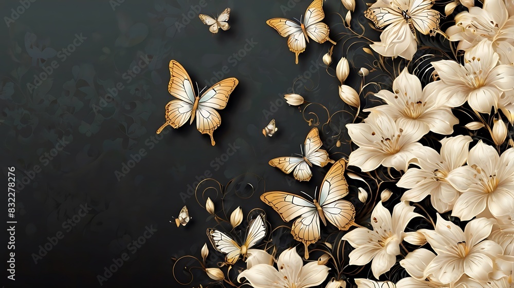 Fototapeta premium sepia toned background with white and cream colored flowers and butterflies