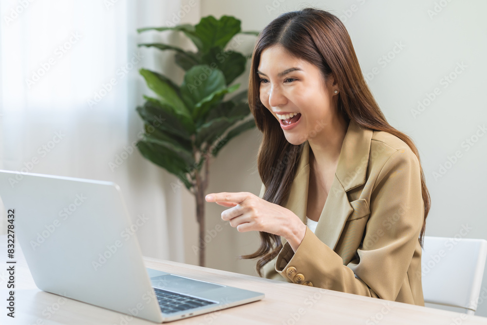 Happy cheerful asian young woman celebrate online looking at laptop computer screen, receive good news, enjoying with great from social, feeling surprised. Amazed, shocked millennial getting offer . Happy cheerful asian young woman celebrate online looking at laptop computer screen, receive good news, enjoying with great from social, feeling surprised. Amazed, shocked millennial getting offer .