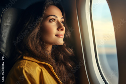 Image generative AI of happy passenger looking out the window sitting on business class luxury plane © Tetiana