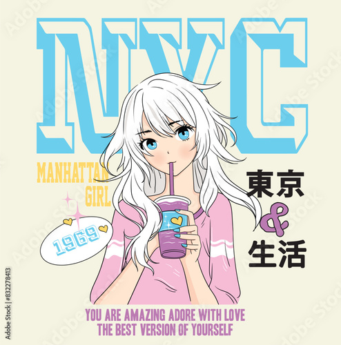 anime girl. Japanese text means 