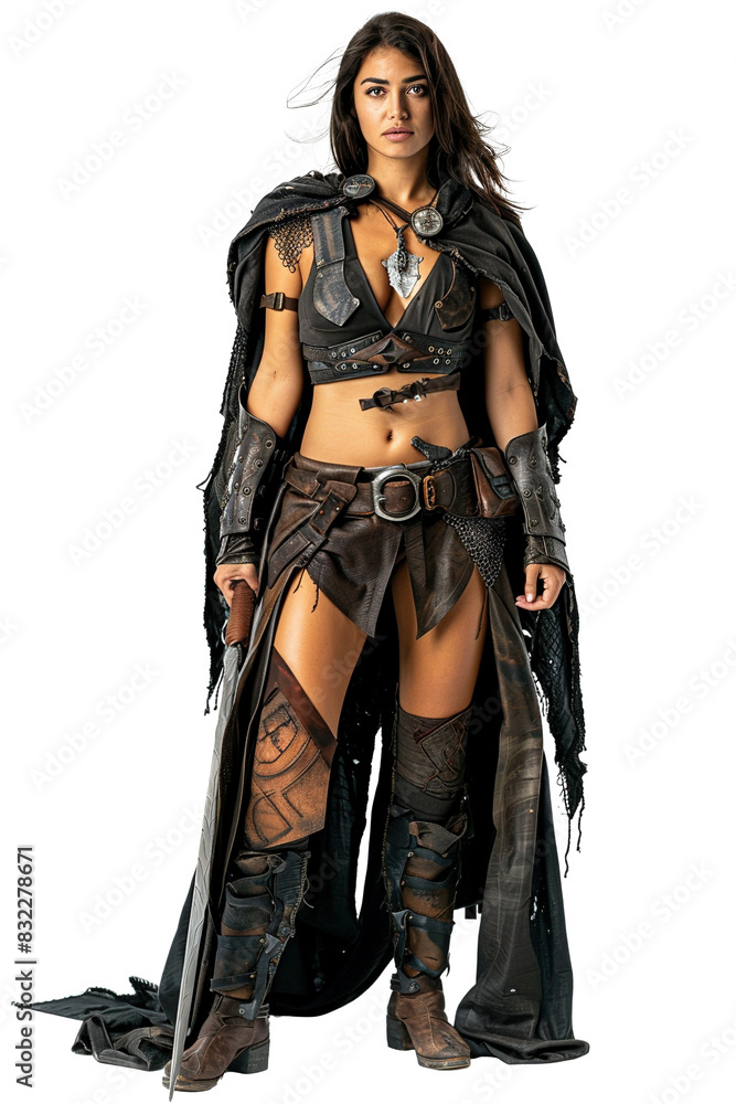 A cosplayer strikes a powerful pose, showcasing her fantasy RPG outfit: a short skirt, tights, high heels, and a gleaming sword isolated on transparent background A cosplayer strikes a powerful pose, showcasing her fantasy RPG outfit: a short skirt, tights, high heels, and a gleaming sword isolated on transparent background
