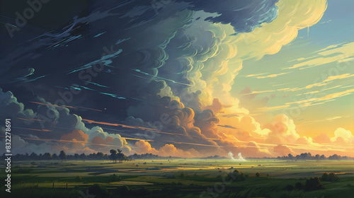 Wide landscape with towering clouds and winds over a countryside at sunset. Natural disaster, extreme weather concept. Design for poster, wallpaper, banner, covers, Illustrations, materials, prints.