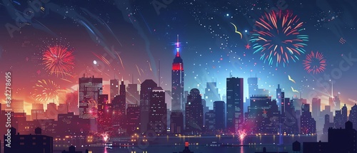 Stylish skyline illuminated by fireworks, Independence Day celebration, dramatic, Multilayer, iconic cityscape backdrop photo