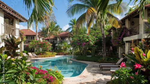 Hotel is set among lush tropical gardens and features a swimming pool and sun loungers. Paths lined with colorful flowers and tall palm trees lead to bungalow-style rooms with private verandas. © Vasili