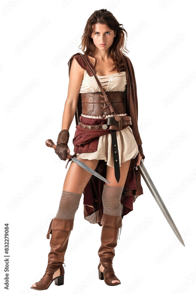 A cosplayer strikes a powerful pose, showcasing her fantasy RPG outfit: a short skirt, tights, high heels, and a gleaming sword isolated on transparent background A cosplayer strikes a powerful pose, showcasing her fantasy RPG outfit: a short skirt, tights, high heels, and a gleaming sword isolated on transparent background