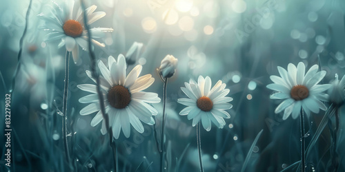 Soft Blue Morning Light on Dewy White Daisies