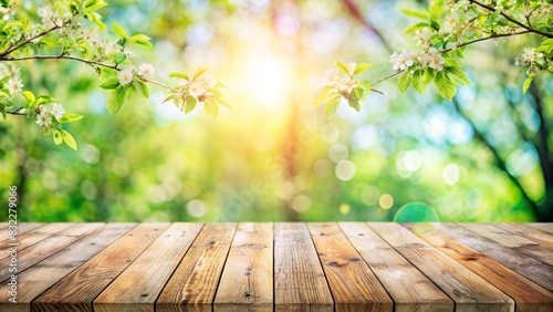 Spring beautiful background with green lush young foliage and flowering branches with an empty wooden table on nature outdoors in sunlight in garden.