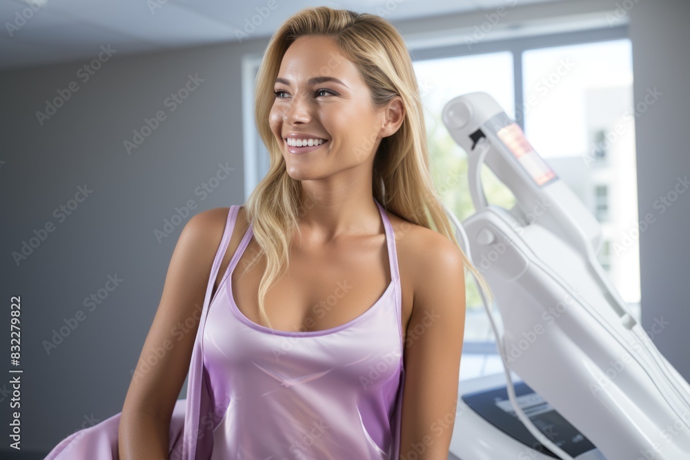 Portrait of smiling young woman after salon skin treatments sitting in cosmetology clinic Portrait of smiling young woman after salon skin treatments sitting in cosmetology clinic