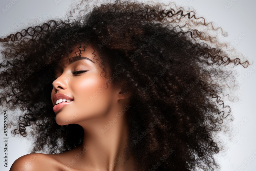 Beautiful african american woman with long afro curly hair. Hairdressing services, hair styling. Hairdressing services, hair styling Beautiful african american woman with long afro curly hair. Hairdressing services, hair styling. Hairdressing services, hair styling