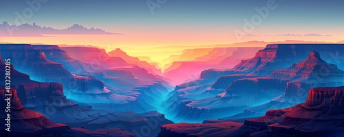 A minimalist illustration of a grand canyon with layered rock formations, set against a soft, twilight sky. The dramatic scenery and rugged terrain evoke a sense of epic expeditions and adventure photo
