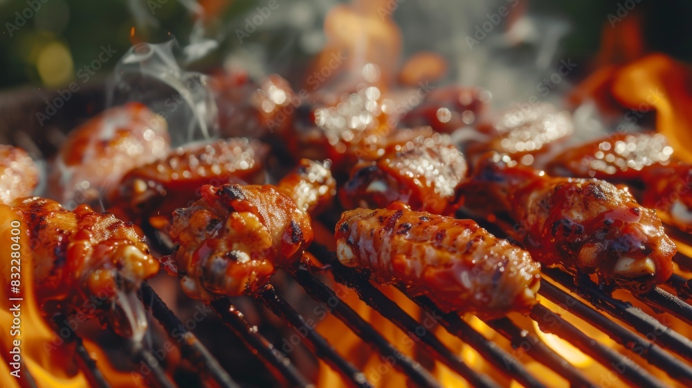 A close-up of juicy grilled chicken wings on a BBQ grill, with flames and smoke creating a mouthwatering effect