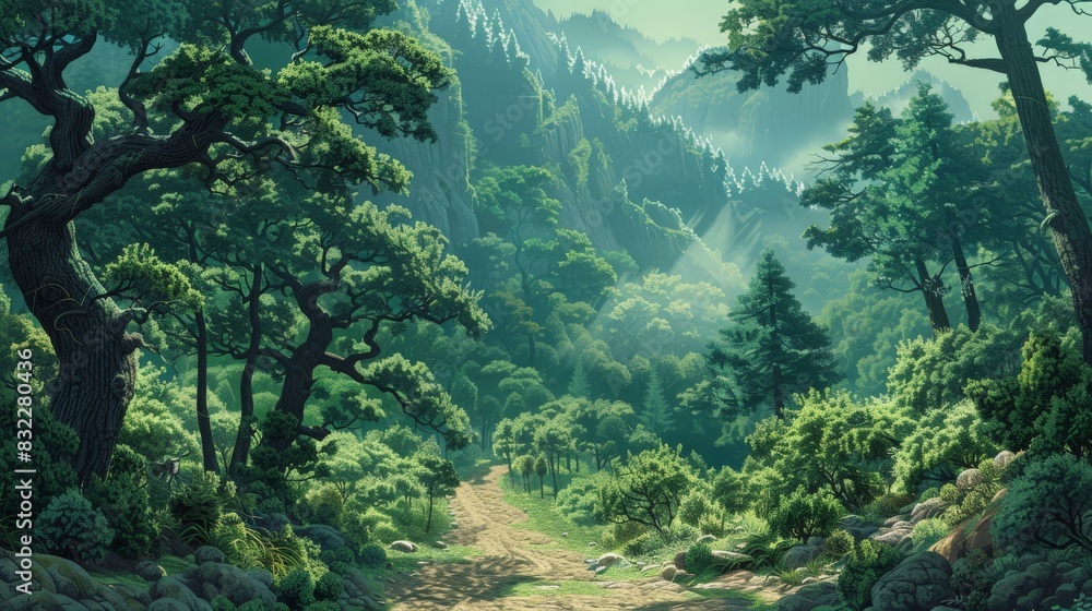 A dense, ancient forest with towering trees and a winding path leading into the unknown. The illustration emphasizes the rugged terrain and vast wilderness, inviting viewers to embark on an