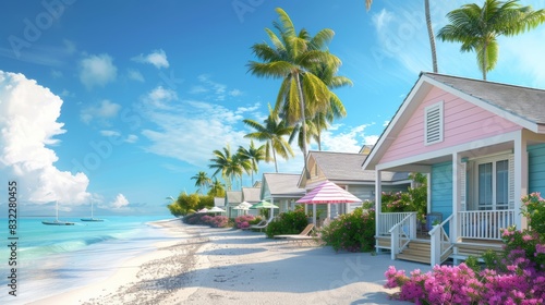 Summer beach. Cottage complex for summer holidays. Exotic beach with palm trees and white sand with umbrellas and sun loungers. Turquoise sea and bright blue sky.