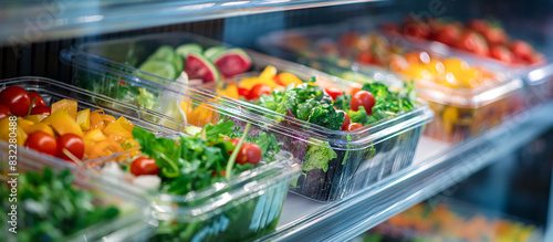 Commercial refrigerator pre packaged vegetable salads in plastic containers