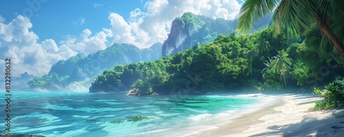 A remote island with pristine beaches and lush, tropical forests, depicted in a minimalist, digital style. The dramatic scenery and untamed beauty of the island landscape evoke a sense of epic