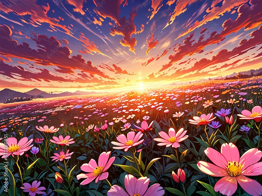 Φωτογραφία A stunning sunset sky painted in vibrant hues of pink, orange and purple casts a soft glow over a sprawling field of blooming flowers