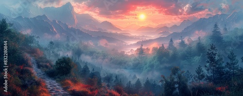 A rugged mountain path leading through dense forests and towards a distant, glowing horizon. The digital illustration captures the essence of thrilling landscapes and untamed beauty, focusing on the photo