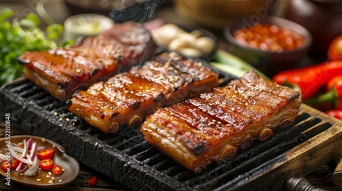 A close-up of sizzling pork belly on a Korean BBQ-style grill  surrounded by fresh vegetables and dipping sauces