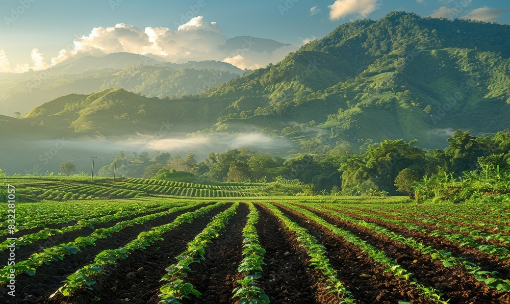 Field of organic growing in a sustainable farm with beautiful mountains in morning Field of organic growing in a sustainable farm with beautiful mountains in morning