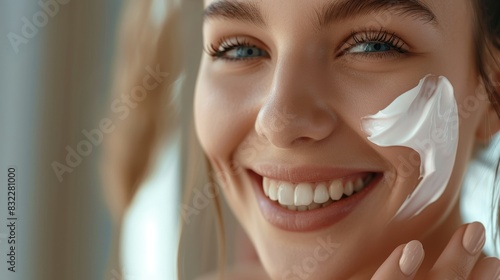 Beautiful woman smile use cream for good skin. face of a healthy woman apply cream and makeup. Advertisement for skin cream  anti-wrinkle  baby face  whitening  moisturizer  tighten pores