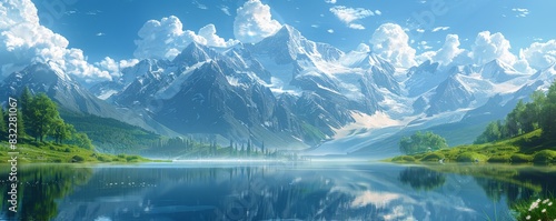 A serene, alpine lake reflecting the towering, snow-capped peaks above. The digital illustration highlights the dramatic scenery and epic adventures, with a focus on the simplicity and untamed beauty