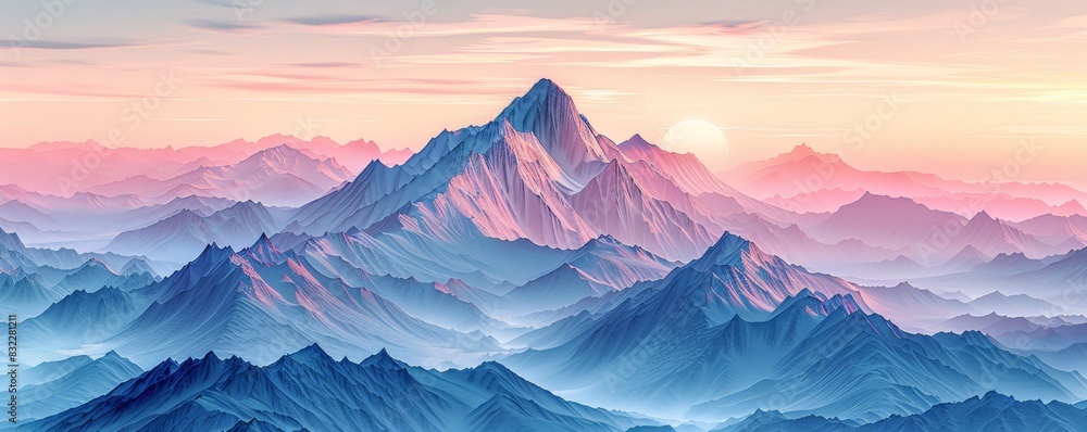 An expansive mountain range with jagged peaks reaching towards a pastel ...