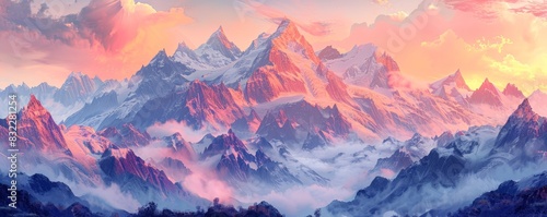 An expansive mountain range with jagged peaks reaching towards a pastel-colored sky, capturing the essence of epic adventures in a minimalist, digital illustration style. The rugged terrain and