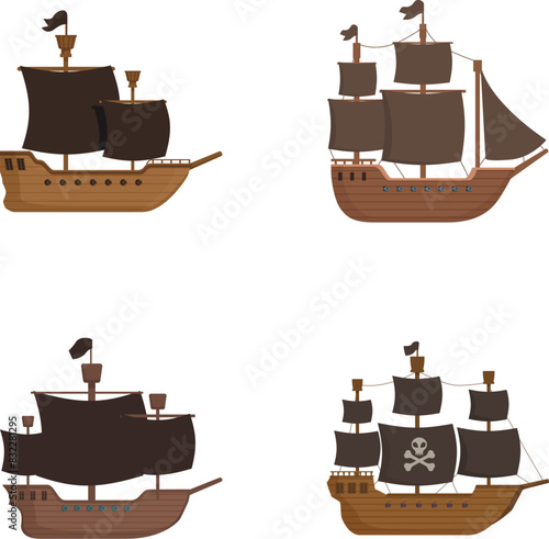 Collection of four cartoonstyle pirate ships, varying designs, isolated for design use