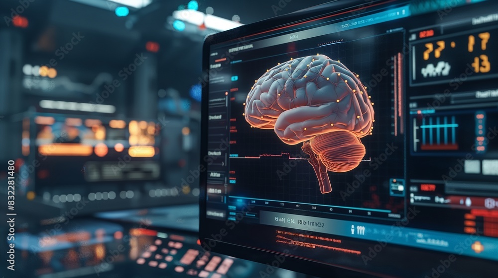 A sophisticated diagnostic screen showing a 3D model of a brain with a ...