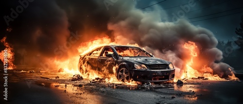 Burning damaged car on road after accident Wrecked cars on fire with flame Smashed, crushed
