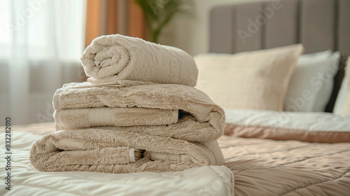 .Stack of beige clean towels on table in on bed in bedroom with copy space
