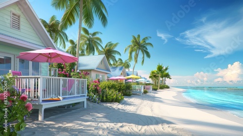 Summer beach. Cottage complex for summer holidays. Exotic beach with palm trees and white sand with umbrellas and sun loungers. Turquoise sea and bright blue sky.