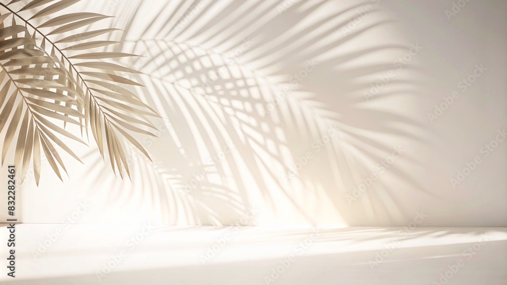 Obraz premium Blurred shadow from palm leaves on light cream wall. Minimalistic beautiful summer spring background for product presentation.