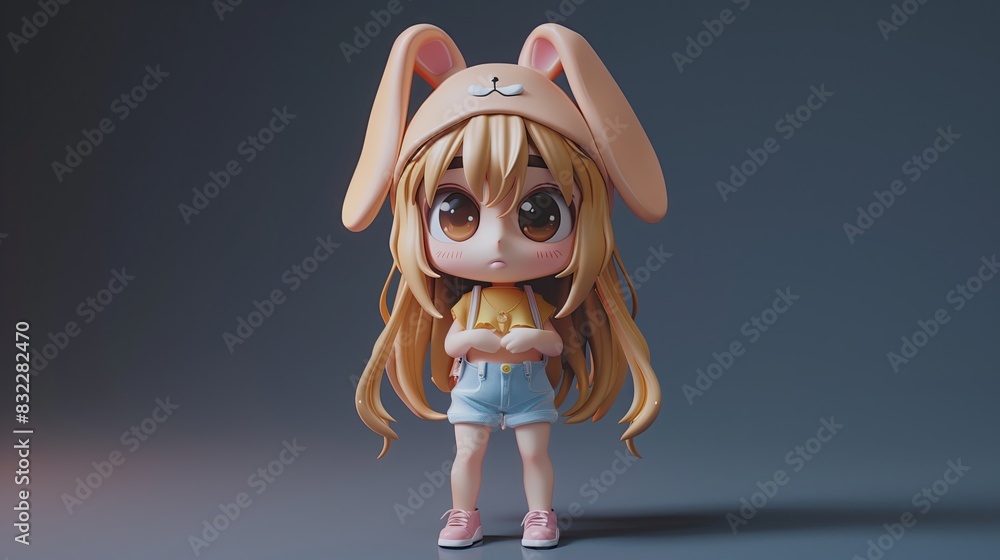 Fototapeta premium Full body, cute girl figure box, collectible, complete with bunny ears hat. Overall simple Children's design show