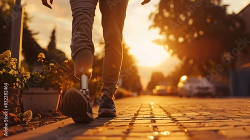 athlete man with prosthetic leg walking outdoor, close up at disabled young man with prosthetic leg walking along the street, prostheses standing, one way to win is to be yourself, generate by AI.. photo