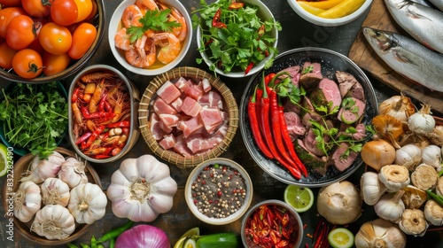 A colorful spread of ingredients for Thai BBQ, including marinated meats, seafood, and fresh vegetables photo