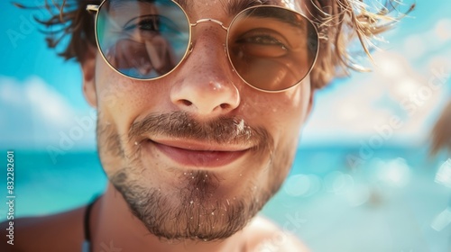 close-up shot of a good-looking male tourist. Enjoy free time outdoors near the sea on the beach. Looking at the camera while relaxing on a clear day Poses for travel selfies smiling happy tropical #832282601