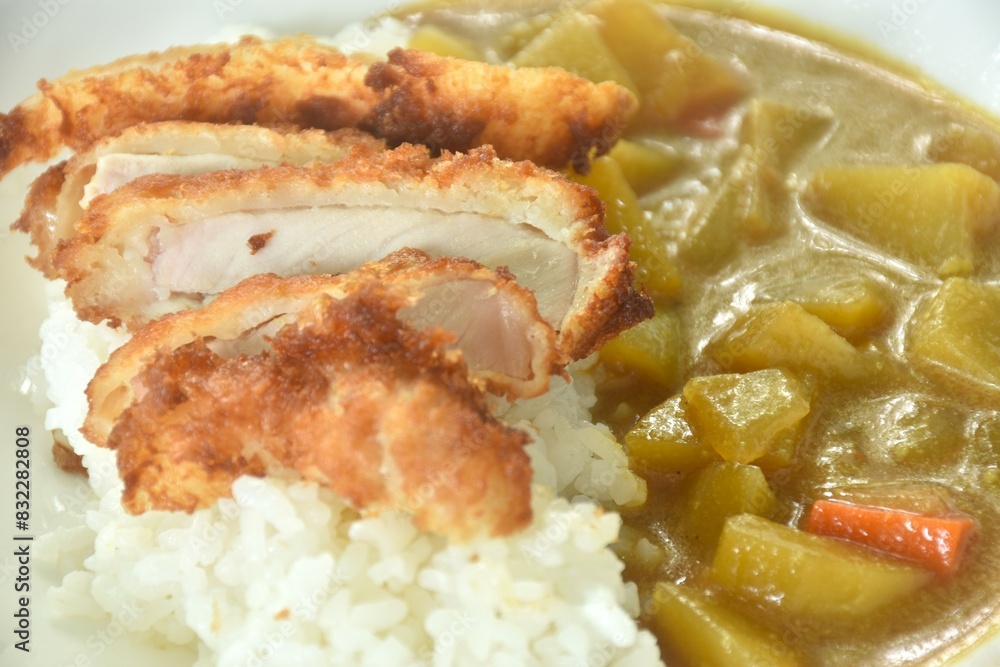 Tonkatsu crispy fried pork slice topping plain rice dressing potato and carrot in Japanese curry on plate Tonkatsu crispy fried pork slice topping plain rice dressing potato and carrot in Japanese curry on plate