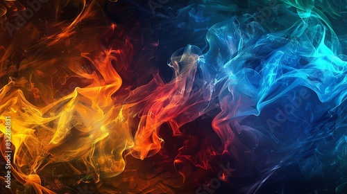 A colorful, abstract image of flames and smoke with a blue and red background
