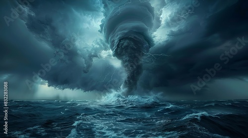Furious ocean storm with towering water spout and dark ominous clouds photo
