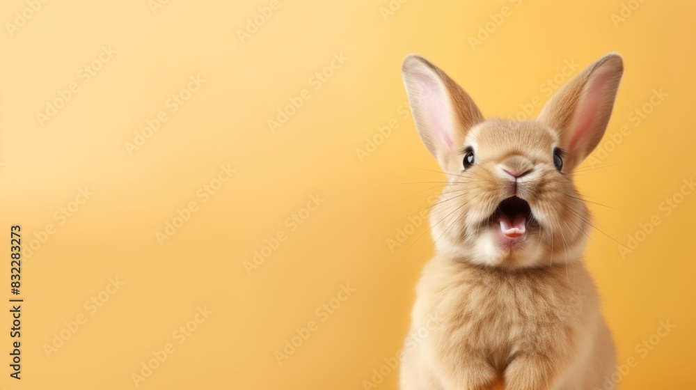 Obraz premium cute animal pet rabbit or bunny brown color smiling and laughing isolated with copy space for easter background, rabbit, animal, pet, cute, fur, ear, mammal, background, celebration, generate by AI