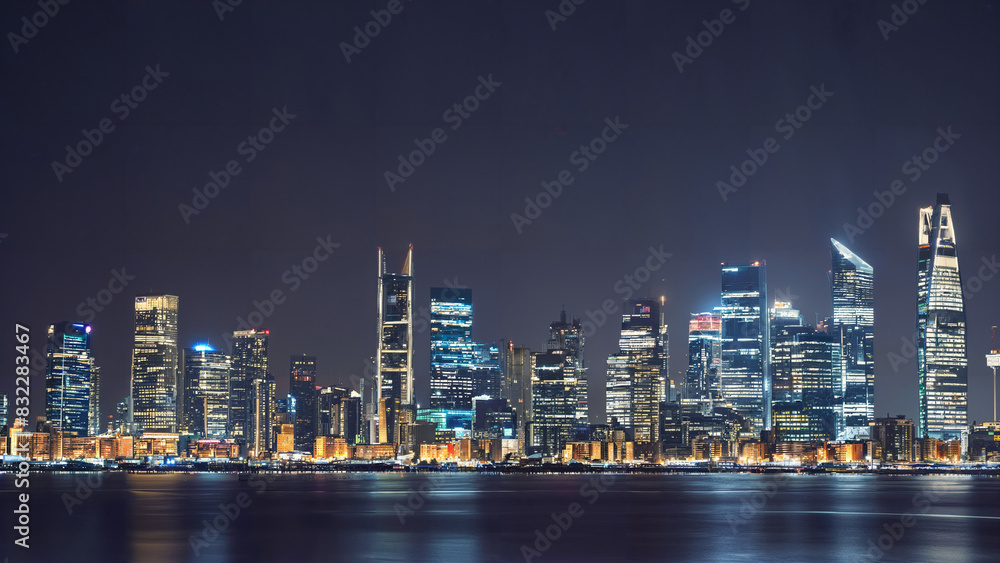 City skyline at night with illuminated buildings