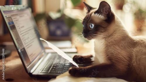 A curious Siamese cat pawing at a laptop keyboard, with an open document on the screen in a cozy home office setting photo