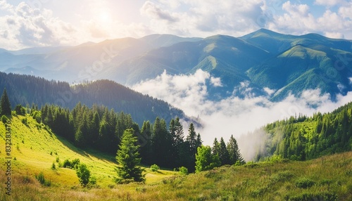 majestic landscape of summer mountains a view of the misty slopes of the mountains in the distance morning misty coniferous forest hills in fog and rays of sunlight travel background © Fletcher