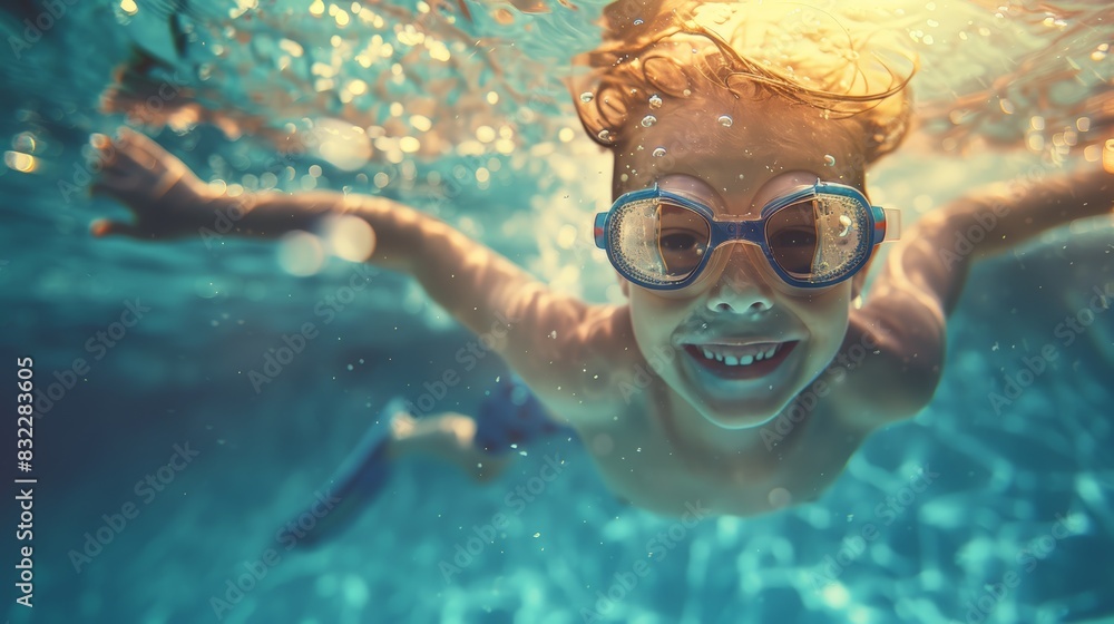 Cute smiling child having fun swimming and diving in the pool at the resort on summer vacation. Sun shines under water and sparkling water reflection. Activities and sports to happy kid