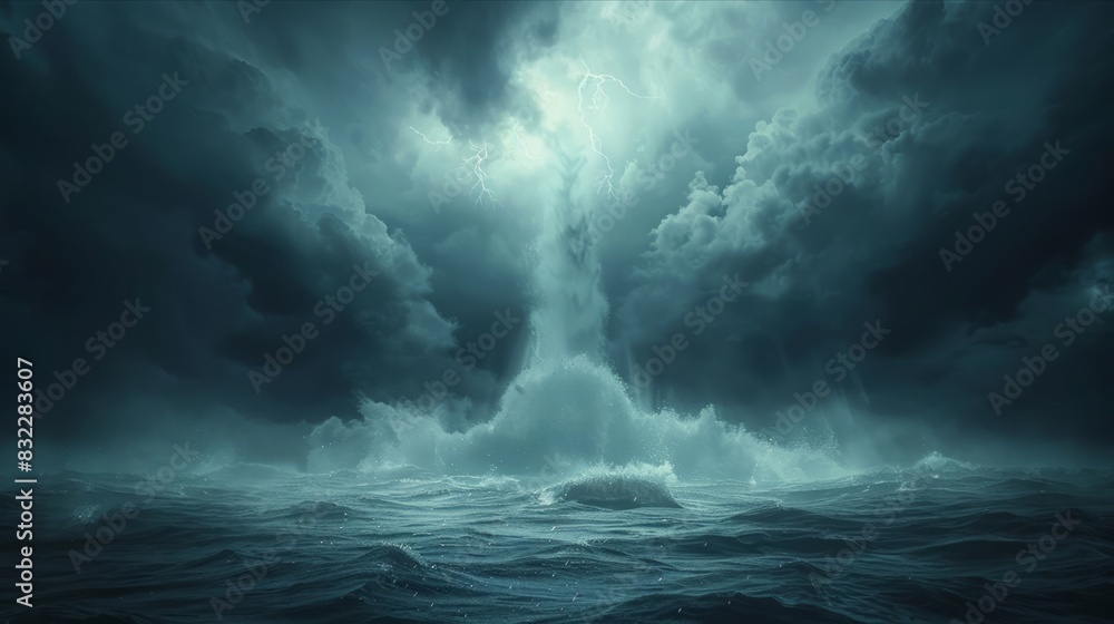 Furious ocean storm with towering water spout and dark ominous clouds Furious ocean storm with towering water spout and dark ominous clouds