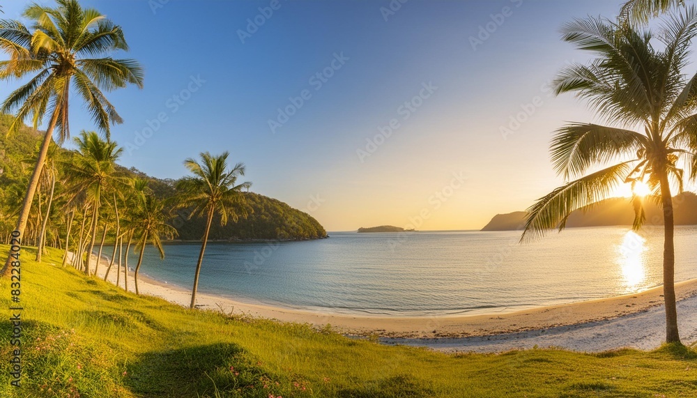 an idyllic imaginary landscape with a tropical beach palm trees a tranquil bay and evening light at sunset generative ai