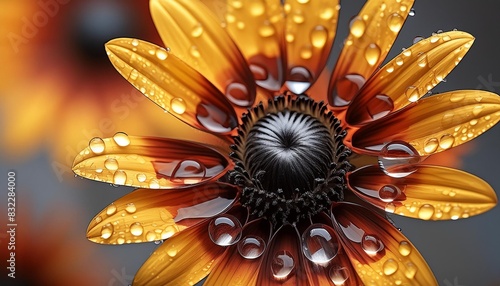 a black and yellow flower in focus with water droplets on its petals and a clear center © Fletcher